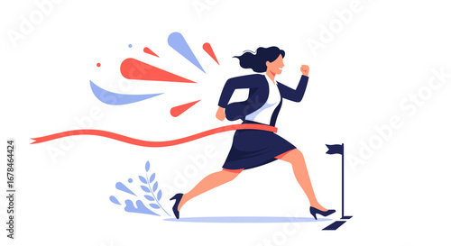 Successful businesswoman crossing finish line achieving goals, celebrating victory with determination