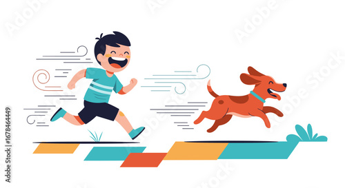 Joyful boy and playful dog running happily together, vibrant illustration for children's designs