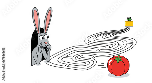 Rabbit contemplates maze to reach tomato and gift, solving problems with clever strategy