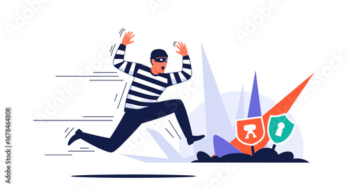 Burglar running from security shields protecting against cybercrime and data breach threat