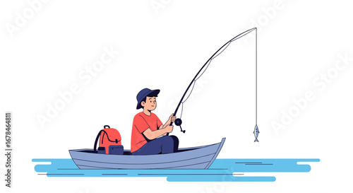 Young man fishing from a boat enjoying peaceful day on the water with a catch