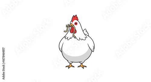 Funny cartoon chicken with a worm in its beak ready to eat, isolated on white backdrop