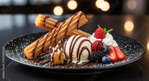 Decadent Churros Sundae with Vanilla Ice Cream, Mixed Berries, and Chocolate Drizzle