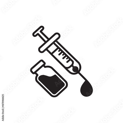 A black and white vector illustration of a syringe and a vial silhouette. 