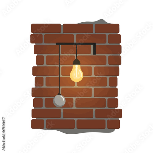 Close Up Red Brick Wall with a Hanging Light Bulb and a Gray Switch Underneath the Black Metal Bar in A Vintage Style