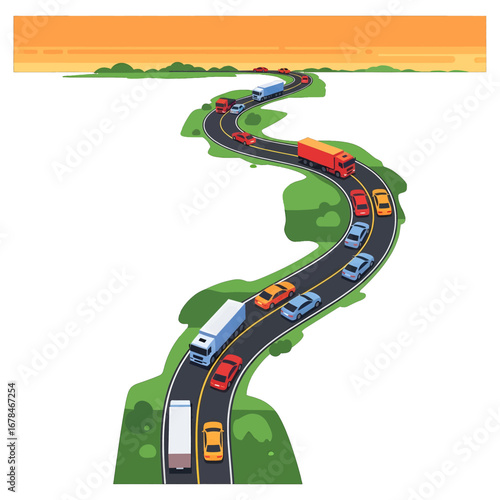 Pixel Art Style Traffic Jam on Winding Asphalt Road Featuring Red Trucks and Multiple Cars with a Sunset Background and Greenery in Digital Illustration