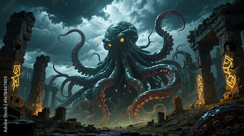 Fototapeta premium Colossal tentacle monster wrapping around ancient ruins storm clouds glowing runes cinematic fantasy atmosphere