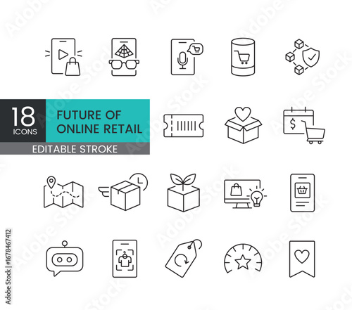 A set of vector icons representing the future of online retail and smart e-commerce technologies, created in line style with editable stroke