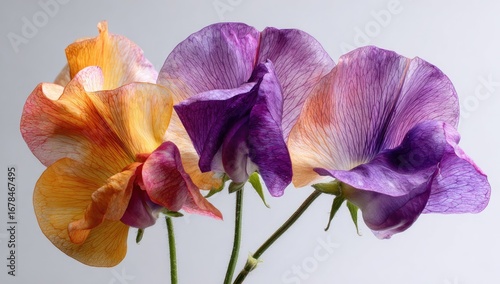 Three colorful sweet peas in a studio shot