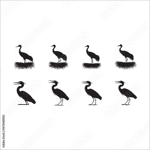 A collection of black vector silhouettes of various flying water birds, including ducks, geese, and herons
