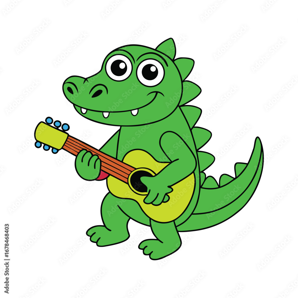 Fototapeta premium A happy cartoon alligator with a wide smile playing a acoustic guitar.
