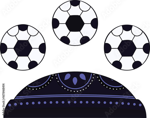 Three soccer balls floating above a patterned base, , creating a playful and sporty composition