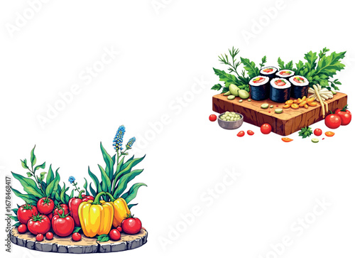 Vsai fresh vegetables and sushi rolls resting on wooden cutting boards