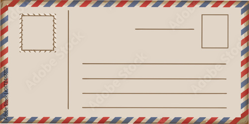 Vintage postcard back with stamp area and address lines bordered by airmail stripes