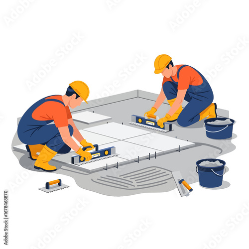 Two Workers Laying Gray Ceramic Tiles with Yellow Equipment in Uniforms Illustrative Style Construction and Renovation Project