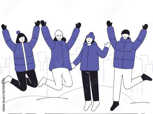 A group of four friends jumping in the snow, , celebrating winter and friendship with joy and energy
