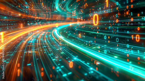 Abstract Data Stream with Glowing Numbers and Lines, Futuristic Tech Background, Digital Network.