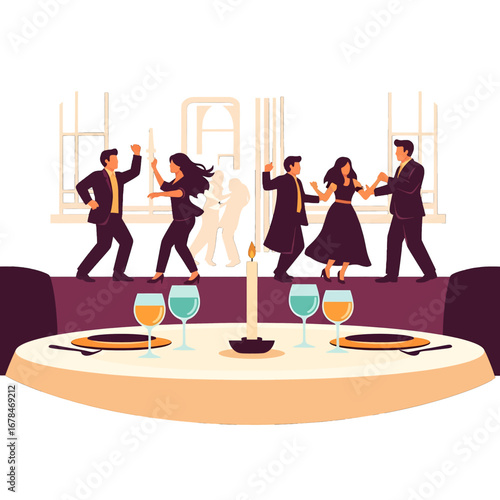People Celebrate in a Restaurant with Table Setting and Lit Candle in a Festive Graphic Indoor Scene with Dancing and Raised Hands