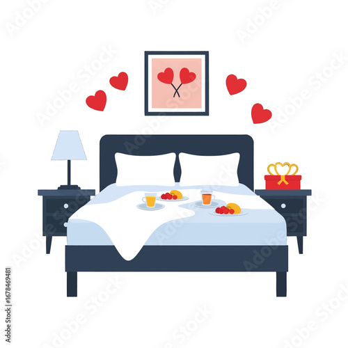 Pixel Art Bedroom Scene Featuring Bedside Table with Lamp and Heart Decoration for Valentines Day