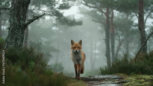 Red fox walking on a mossy path in a foggy forest