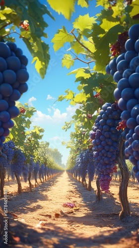 Serene vineyard landscape with orderly grapevine rows under natural sunlight, evoking tranquility and growth.