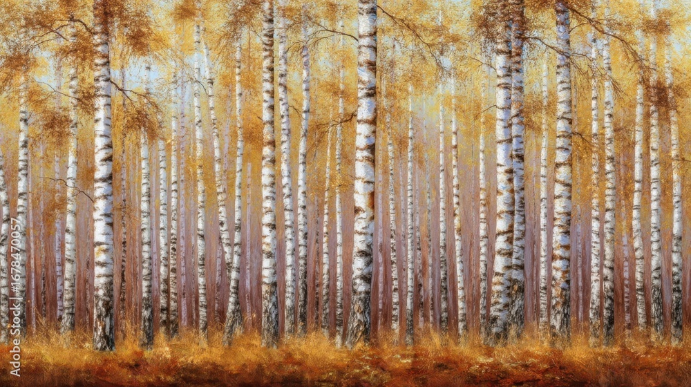 Obraz premium Tall white birch trees with black stripes stand in a serene forest,