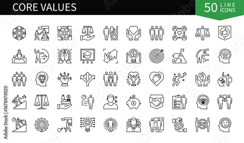 Set of 50 line icons related to Core Values. Containing skill, responsibility, trust, simplicity, collaboration, discipline, accuracy, dependability and more. Pictograms for web, mobile app and infogr