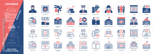Espionage icon set. Murder, Organized Crime, Data Leak, Cyber Spying, Hidden Camera, Hacker, Sabotage, Corporation. Duotone color solid and editable outline icons