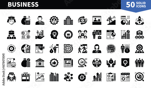 Set of 50 solid icons related to Business. Containing bank, success, contact, analysis, advertising, internet, profit, tax and more. Pictograms for web, mobile app and infographics