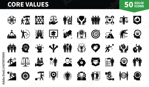 Set of 50 solid icons related to Core Values. Containing open-mindedness, personal growth, frugality, independence, self-compassion, accountability, authenticity and more. Pictograms for web, mobile a