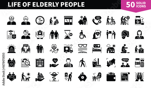 Set of 50 solid icons related to Elderly People. Containing people, treatment, home, grocery delivery, hearing aid, hospital and more. Pictograms for web, mobile app and infographics