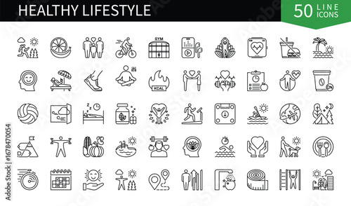 Set of 50 line icons related to Healthy Lifestyle. Containing wellness, recreation, positive thinking, fitness, traveling, yoga and more. Pictograms for web, mobile app and infographics