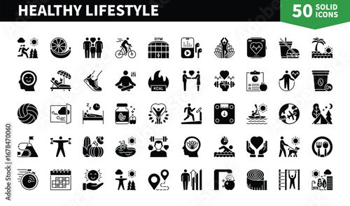 Set of 50 solid icons related to Healthy Lifestyle. Containing exercise, growth, gym, health, fruit, meditation, nutrition and more. Pictograms for web, mobile app and infographics