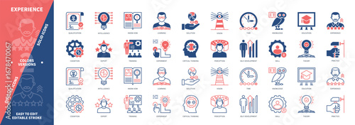 Experience icon set. Phenomenology, Perception, Development, Imagination, Learning, Theory, Practice, Innovation. Duotone color solid and editable outline icons