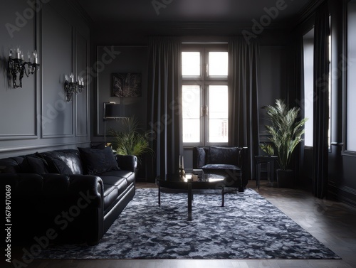 Dark, opulent living room with black leather furniture and patterned rug.