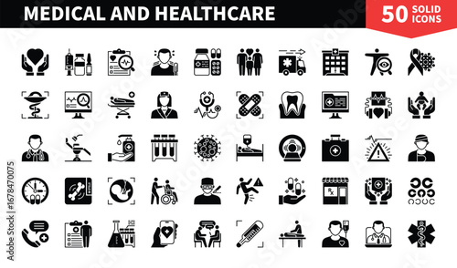 Set of 50 solid icons related to Medical and Healthcare. Containing health care, diagnosis, hospital, clinic, medicare, doctor, nurse and more. Pictograms for web, mobile app and infographics