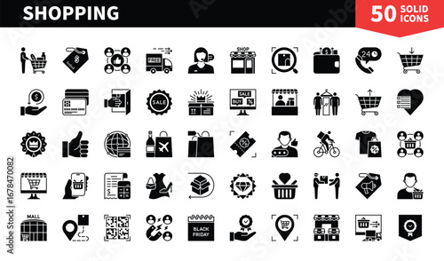 Set of 50 solid icons related to Shopping. Containing retail, buying, merchandise, price tag, wallet, price, cart and more. Pictograms for web, mobile app and infographics