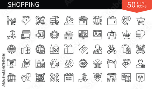 Set of 50 line icons related to Shopping. Containing sale, shopping bag, commerce, discount, client, fashion, market, packet and more. Pictograms for web, mobile app and infographics