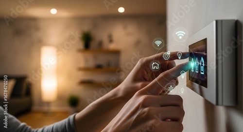 Close-up of a person's hands using a smart home control panel on the wall to manage a modern home automation system