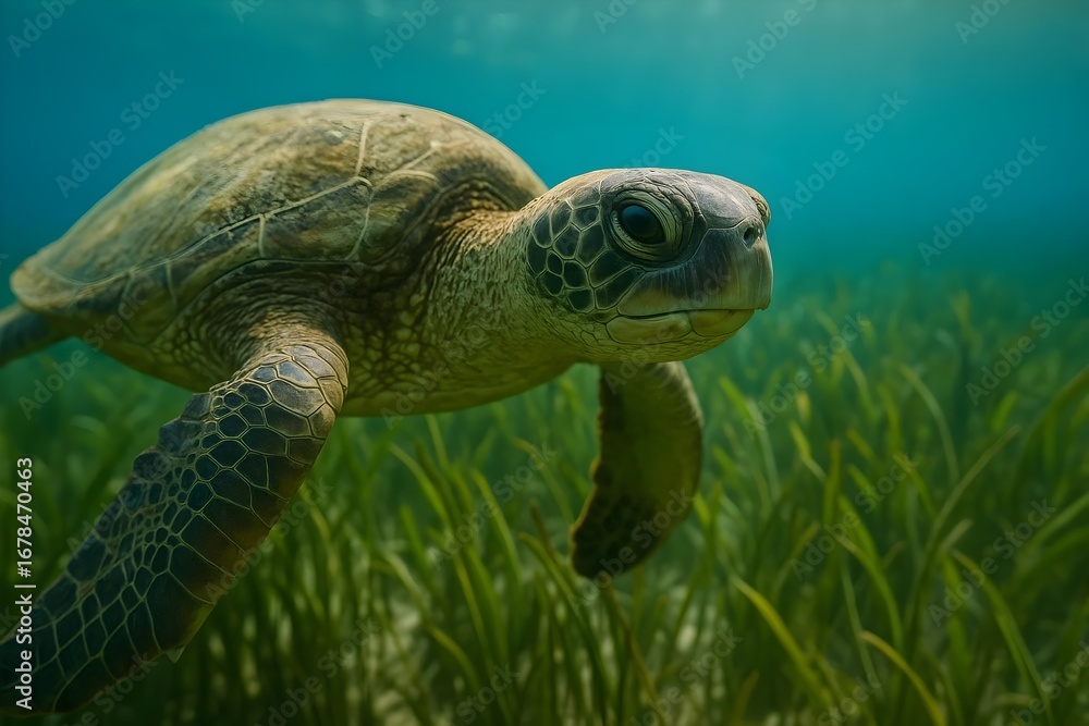 Fototapeta premium Majestic sea turtle glides gracefully through lush underwater seagrass meadows, embodying ocean tranquility and natural beauty.