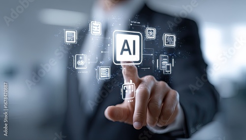 Businessman interacts with a holographic AI interface