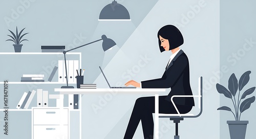 A professional woman sits at a desk in a modern office, working on a laptop computer, highlighting a minimalist and calm workspace.