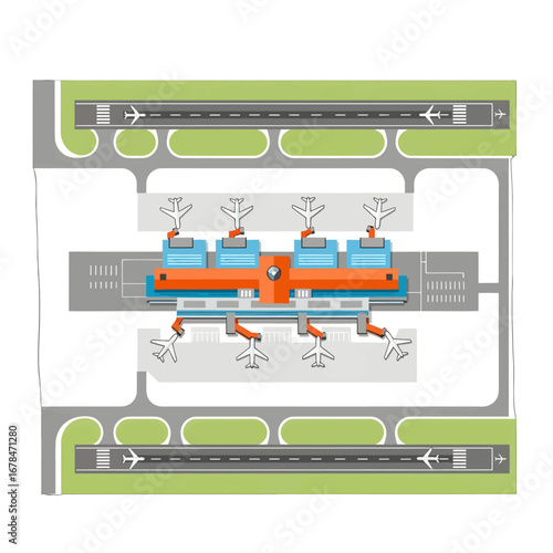 Aerial View of Airport Terminal with Blue Buildings Orange Accents and Gray Runways Surrounded by Greenery and Roads