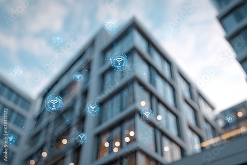 Modern buildings connected by a network of wireless signals