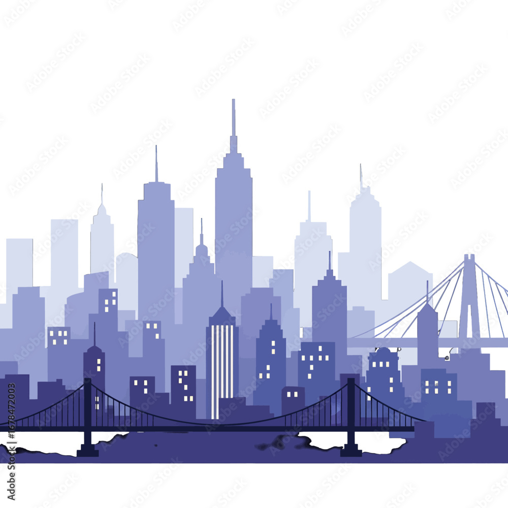 Naklejka premium Detailed Cityscape Silhouette in Gradient Blues Featuring a Skyline with Skyscrapers Bridges and Distant Towers in a Modern Urban Layout