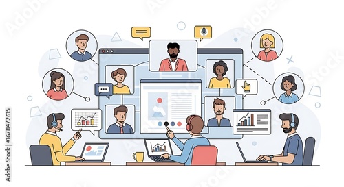 A group of diverse professionals engage in a collaborative online meeting, displaying various communication tools and shared data on a large screen.