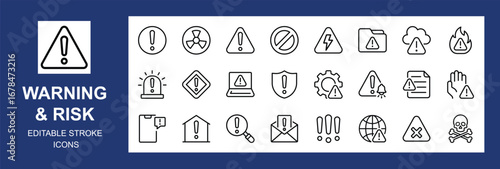 
Warning vector icon set. Contains icons related to Alert, risk, caution, danger, hazard, error,  stop, notice, Exclamation mark,  notification, and more. Editable stroke, Vector illustration