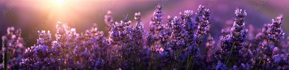 Naklejka premium Lush lavender field bathed in golden sunlight