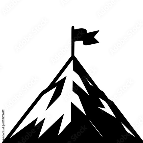 Reaching the Summit: A silhouette of a majestic mountain peak proudly displaying a flag at its summit, symbolizing ambition, triumph, and conquering challenges.