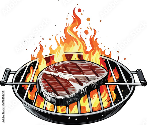 Steak cooking on a barbecue grill with flames beef
